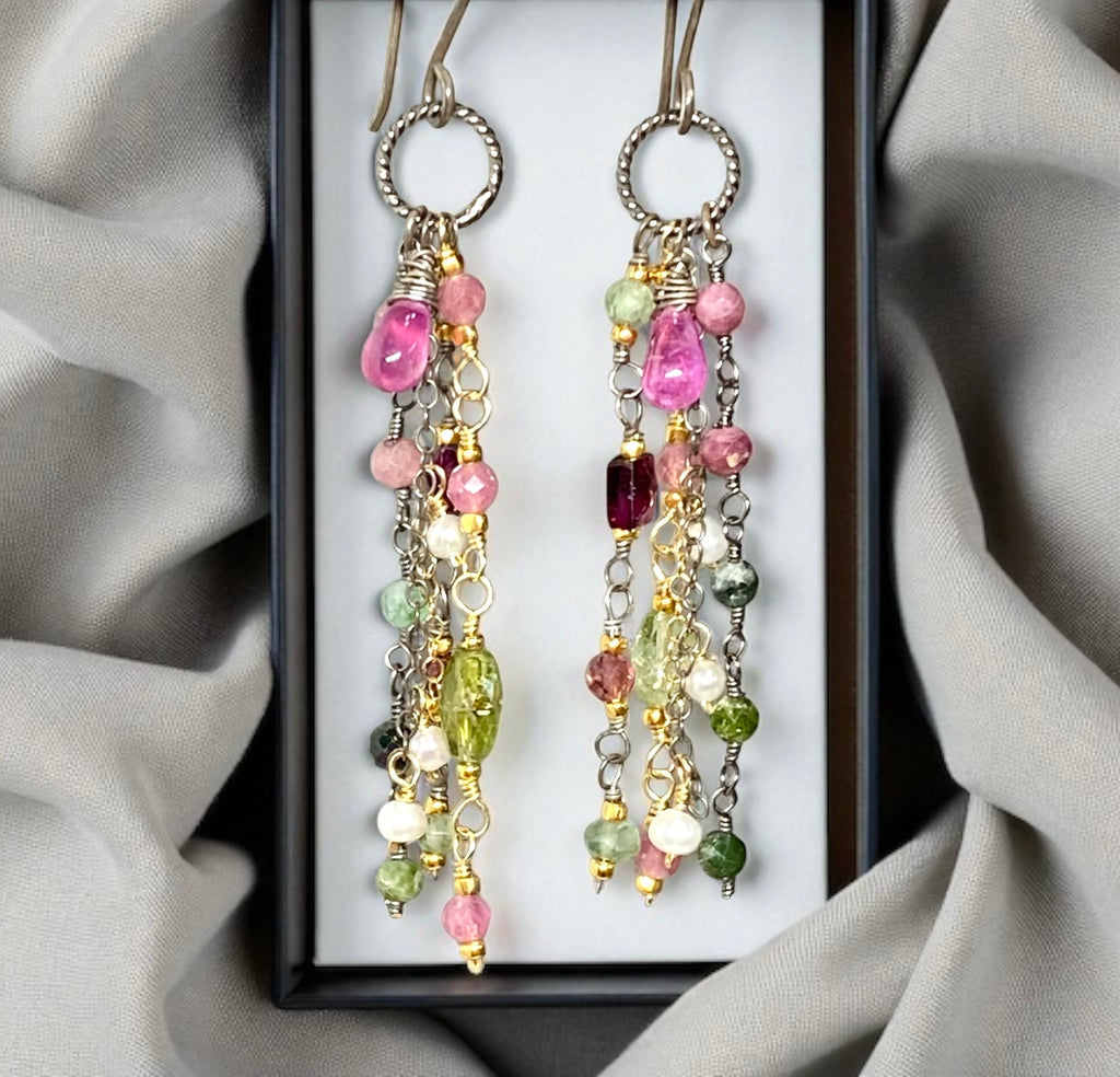 Pink Sapphire, Pink and Green Tourmaline Gemstone Long Dangle Earrings