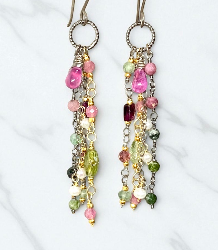 Pink Sapphire, Pink and Green Tourmaline Gemstone Long Dangle Earrings