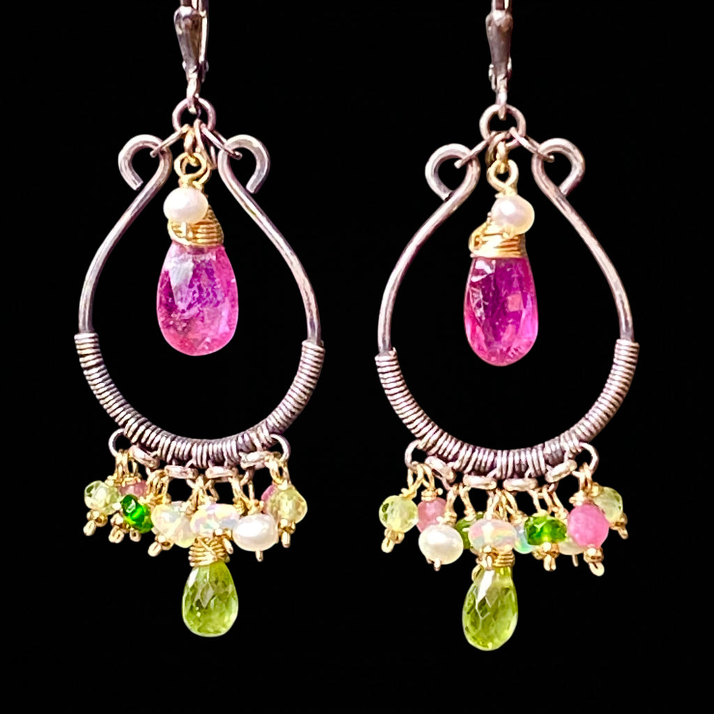 Pink Sapphire, Peridot, Oxidized Silver Hoop Chandelier Earrings, Mixed Metals 3