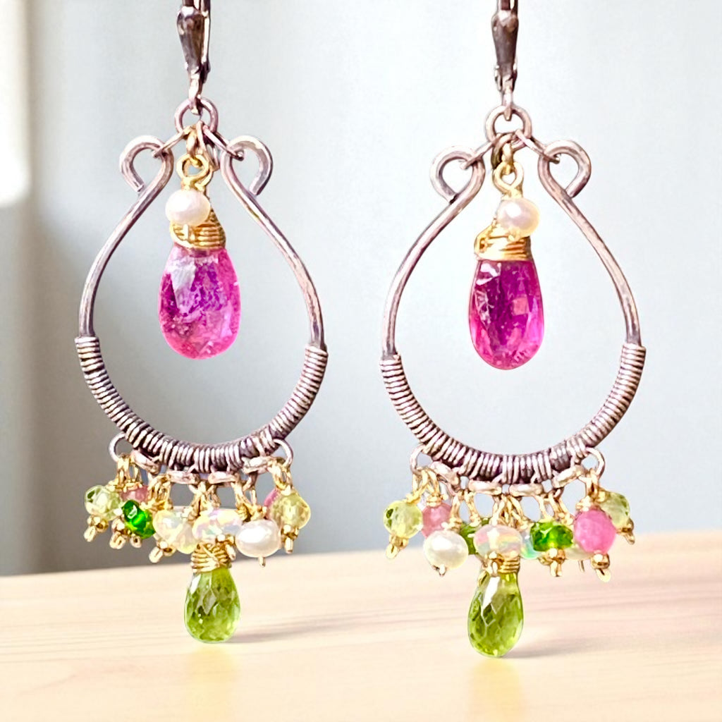 Pink Sapphire, Peridot, Oxidized Silver Hoop Chandelier Earrings, Mixed Metals 3