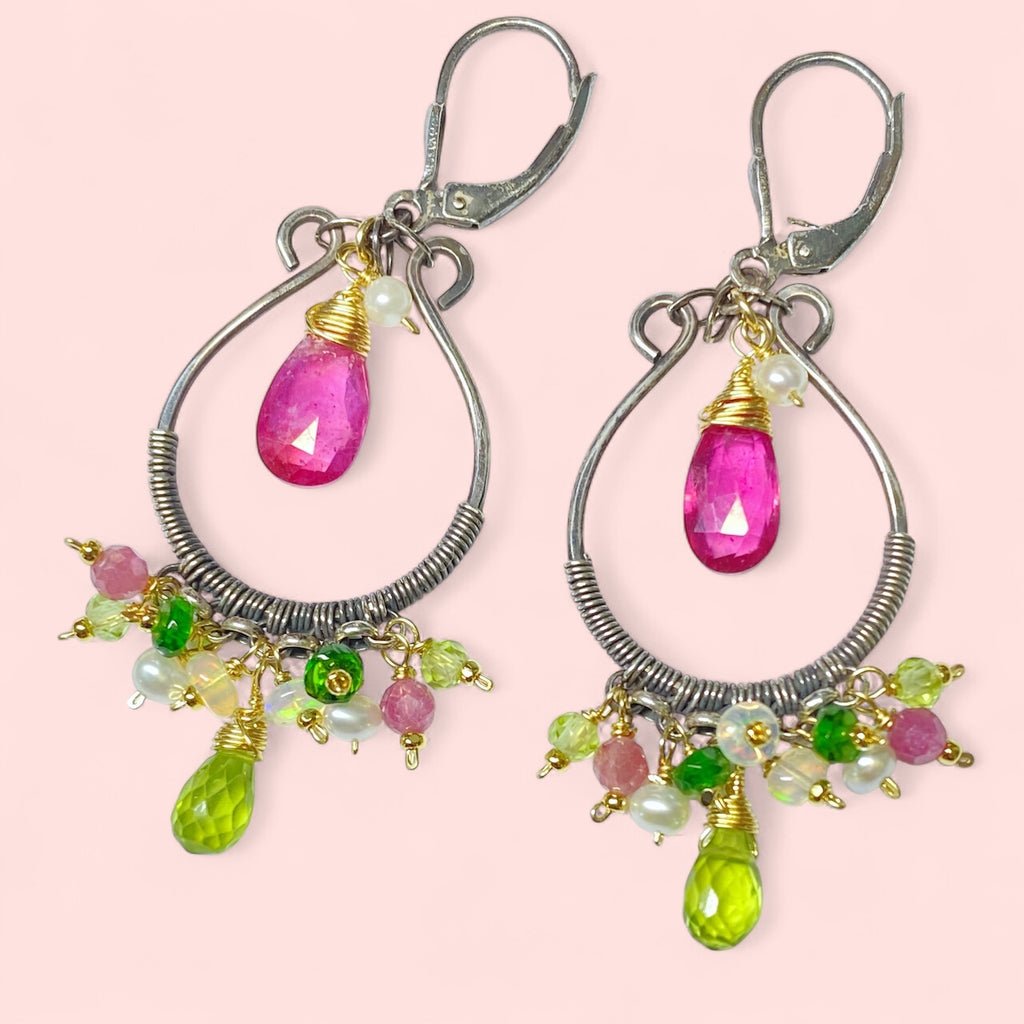 Pink Sapphire, Peridot, Oxidized Silver Hoop Chandelier Earrings, Mixed Metals 3