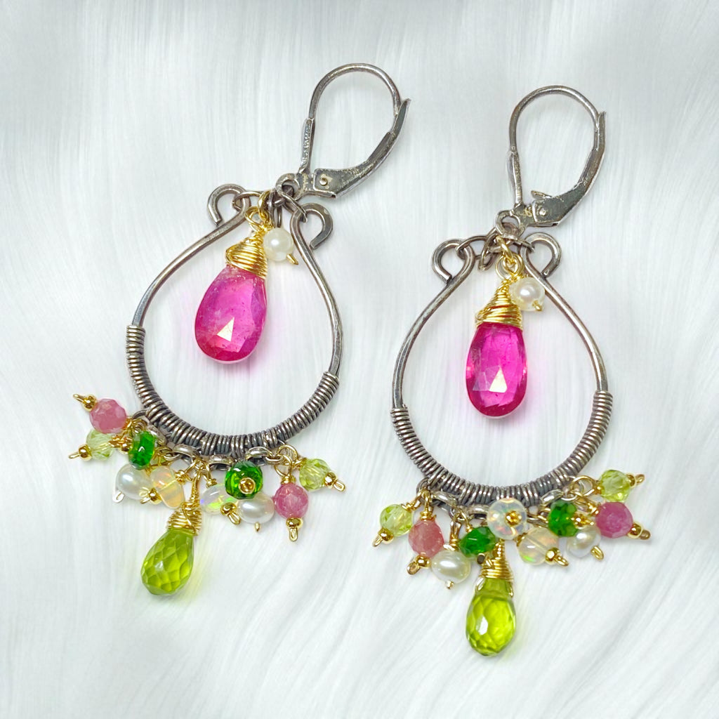 Pink Sapphire, Peridot, Oxidized Silver Hoop Chandelier Earrings, Mixed Metals 3