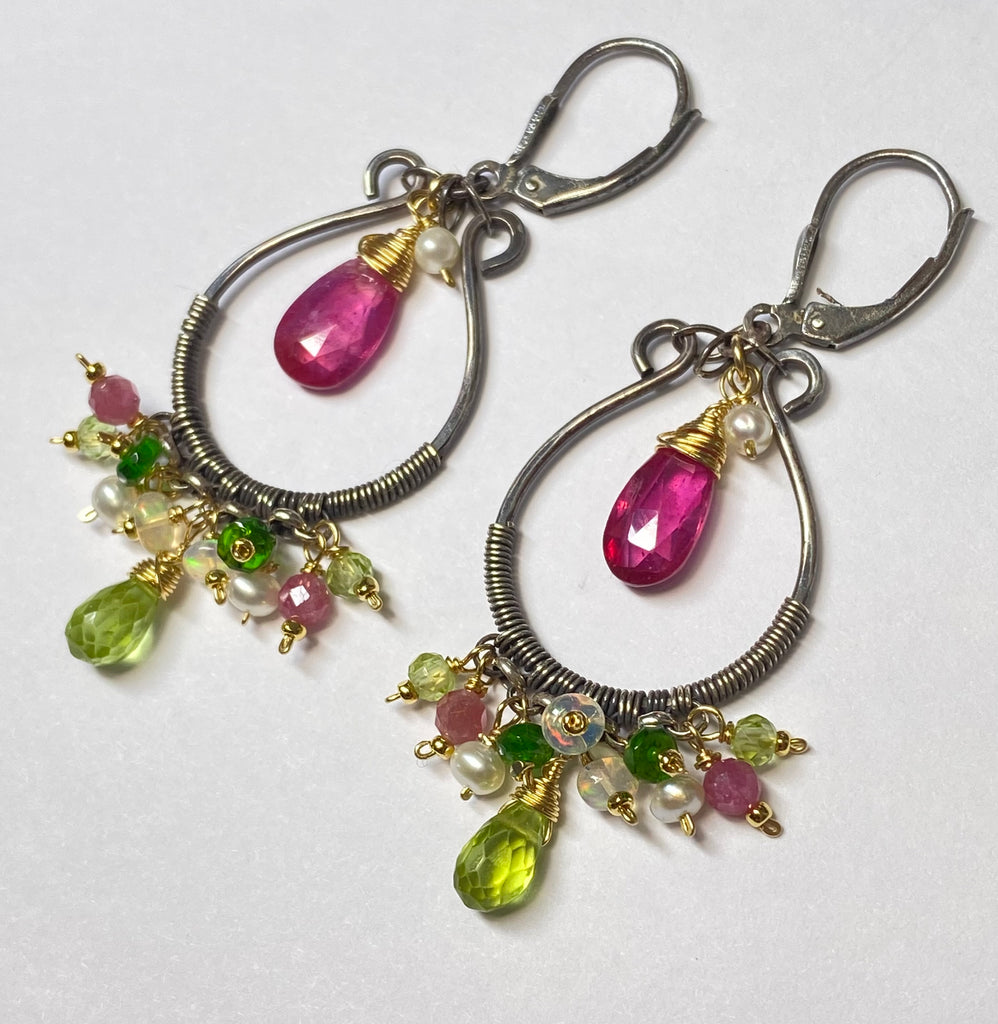 Pink Sapphire, Peridot, Oxidized Silver Hoop Chandelier Earrings, Mixed Metals 3