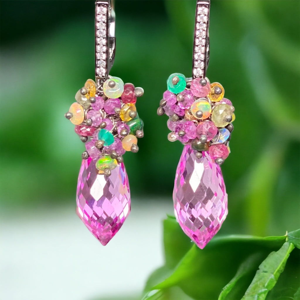 Pink Topaz and Opal Sapphire Cluster Earrings in Oxidized Silver - Doolittle