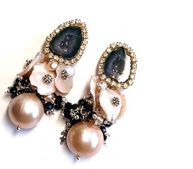 Pink Edison Pearl Cluster Earrings with Keishi and Black Geodes