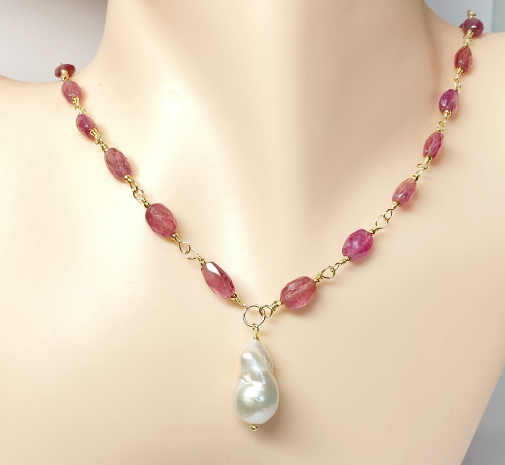 Pink Sapphire Gemstone and Pearl Pendant Necklace, Rosary Style, 14 kt Gold Fill