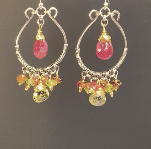Pink and Green Tourmaline Mixed Metal Hoop Chandelier Earrings - Doolittle