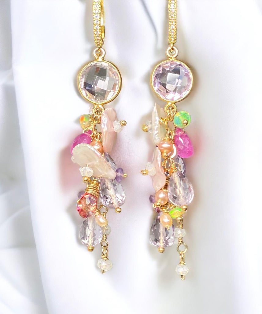Keishi Pearl Pastel Pink Lavender Cascade Wedding Earrings