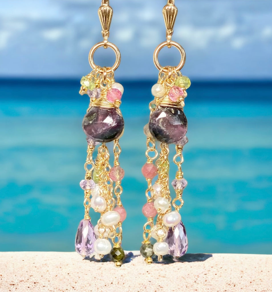 Plum Purple Tourmaline Pastel Gemstone Long Dangle Earrings 2