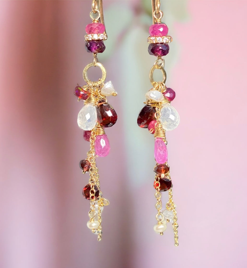 Red Gemstone Long Boho Chain Dangle Earrings Garnet Pink Sapphire