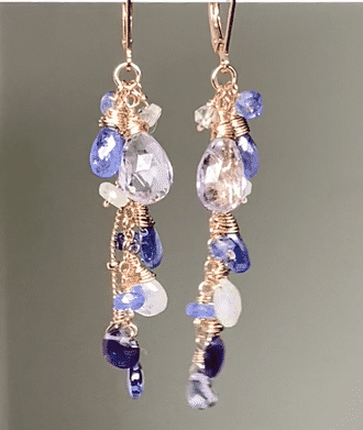 Blue Purple Gemstone Rose Gold Dangle Earrings with Tanzanite
