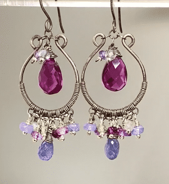 Blue Violet Gemstones Oxidized Silver Hoop Chandelier Earrings