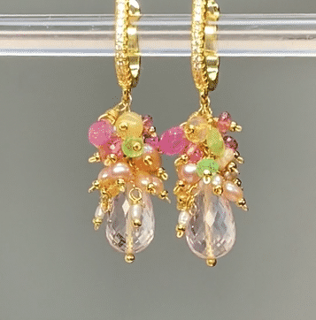 Pink Rose Quartz Briolette Multi Gemstone Cluster Earrings Gold Fill