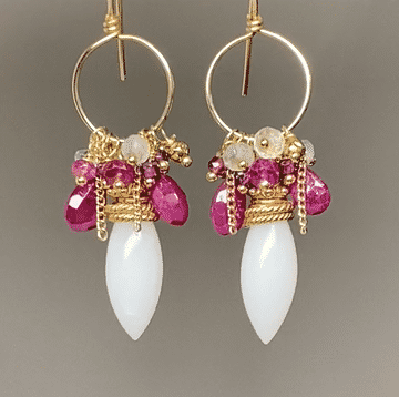 Ruby, white aventurine, moonstone hoop earrings gold fill