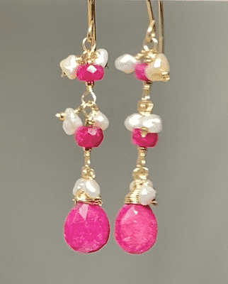 ruby gemstone dangle earrings with white pearls