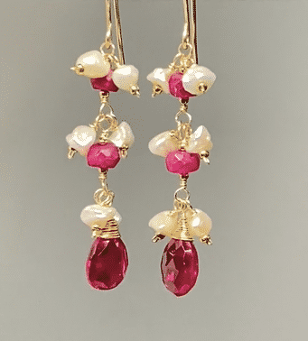 Ruby and red pink topaz dangle earrings with  pearl clusters in 14 kt gold fill