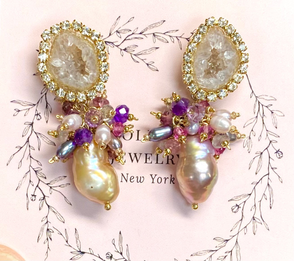 Tabasco Geode and Pink Baroque Pearl Cluster Post Earrings