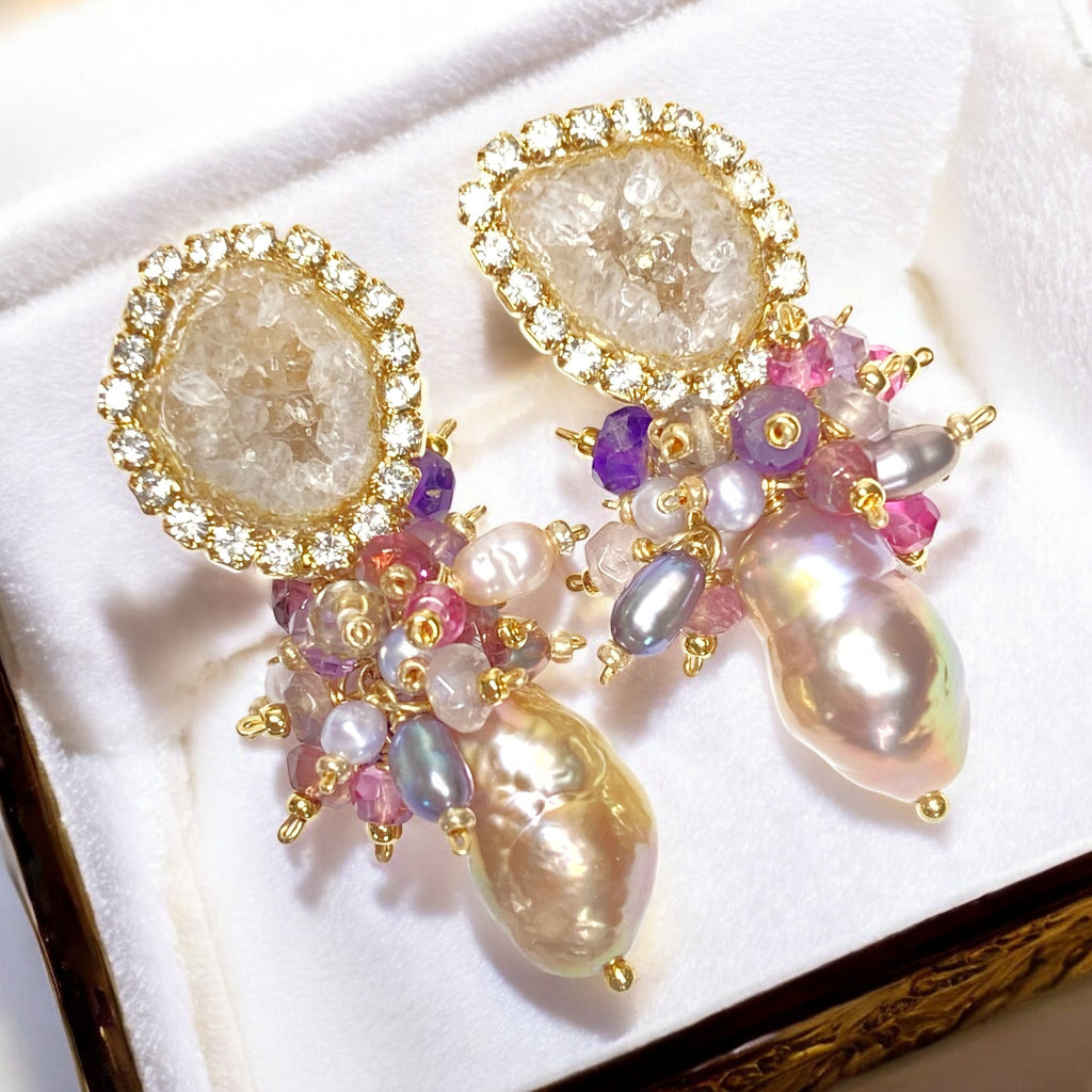 Tabasco Geode and Pink Baroque Pearl Cluster Post Earrings