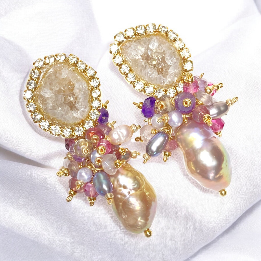 Tabasco Geode and Pink Baroque Pearl Cluster Post Earrings