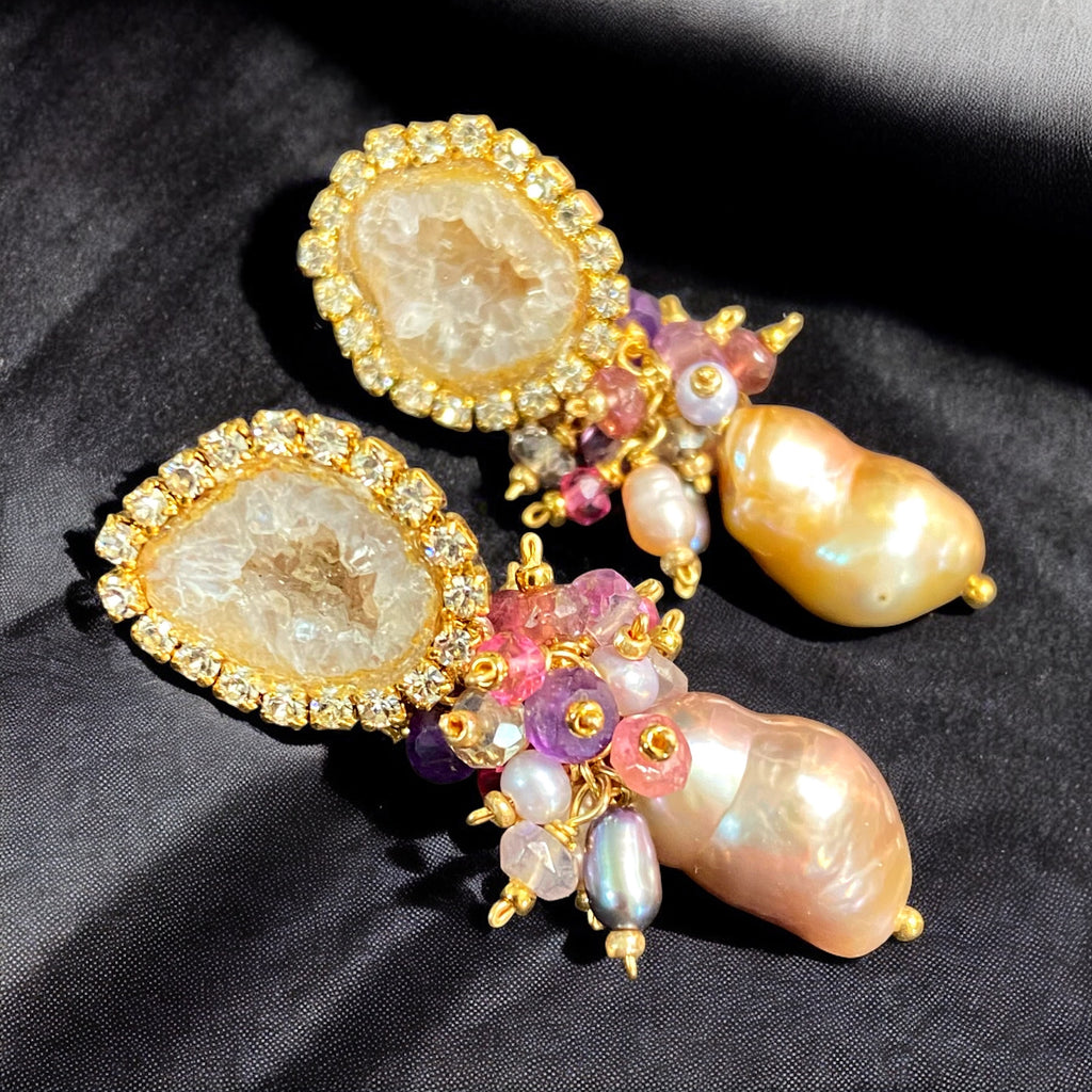 Tabasco Geode and Pink Baroque Pearl Cluster Post Earrings