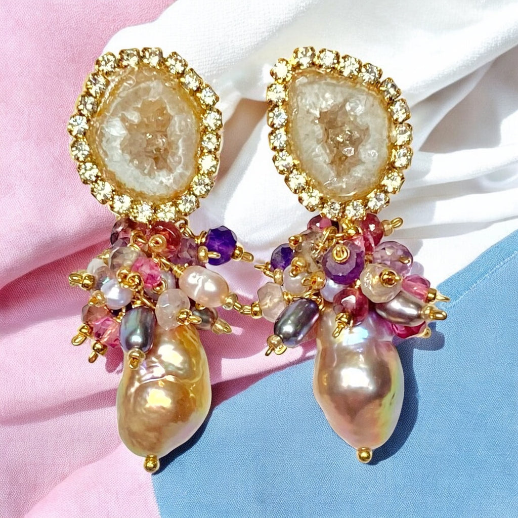 Tabasco Geode and Pink Baroque Pearl Cluster Post Earrings