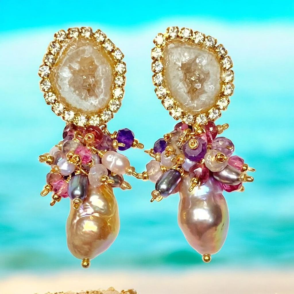 Tabasco Geode and Pink Baroque Pearl Cluster Post Earrings