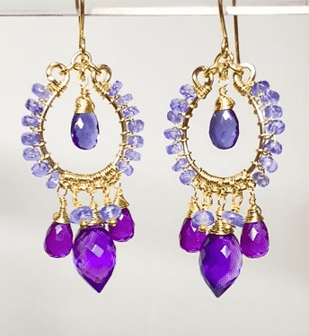 Tanzanite iolite amethyst violet quartz gold filled chandelier earrings animated GIF showing purple blue gemstone sparkle and movement