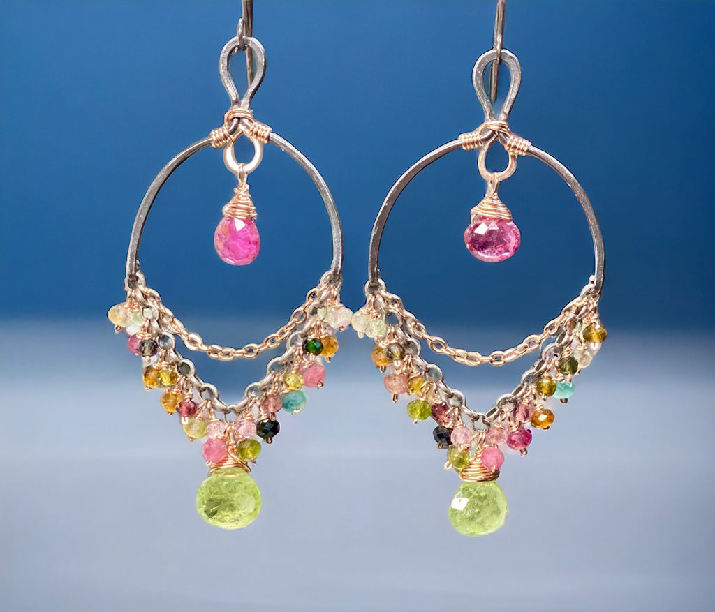 Tourmaline Chandelier Earrings Mixed Metal Boho Style 2