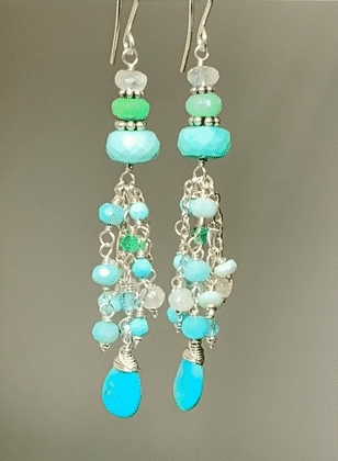 Multi Gemstone Gem Dangle Earrings, Tassel Style, Turquoise, Chrysoprase, Sterling Silver