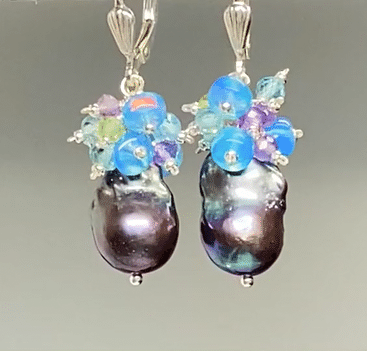 Baroque Peacock Pearl Cluster Earrings, Peridot, Amethyst, Opal, Sterling Silver