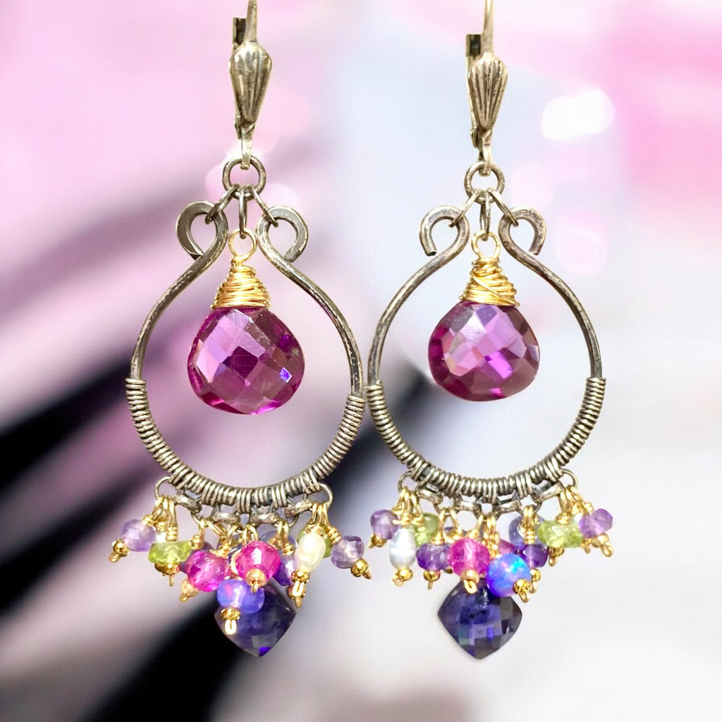 Blue Violet Gemstones Oxidized Silver Hoop Chandelier Earrings