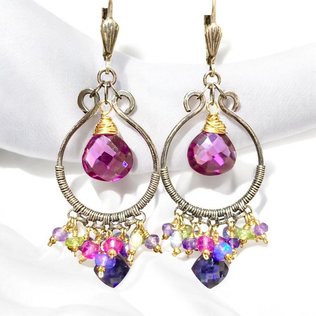 Blue Violet Gemstones Oxidized Silver Hoop Chandelier Earrings