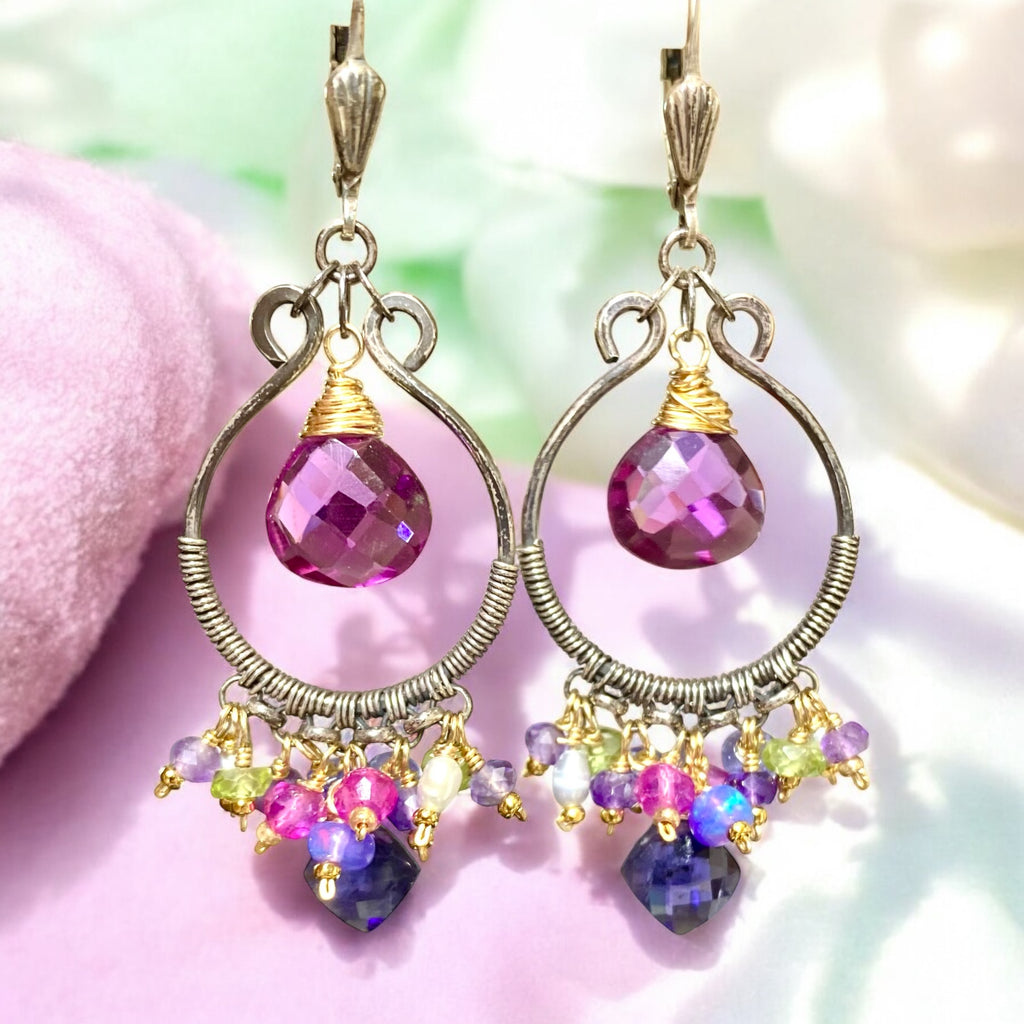 Blue Violet Gemstones Oxidized Silver Hoop Chandelier Earrings