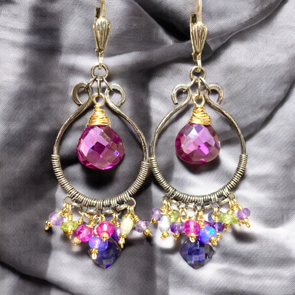 Blue Violet Gemstones Oxidized Silver Hoop Chandelier Earrings