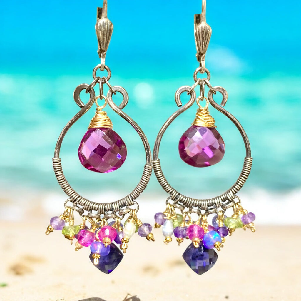 Blue Violet Gemstones Oxidized Silver Hoop Chandelier Earrings