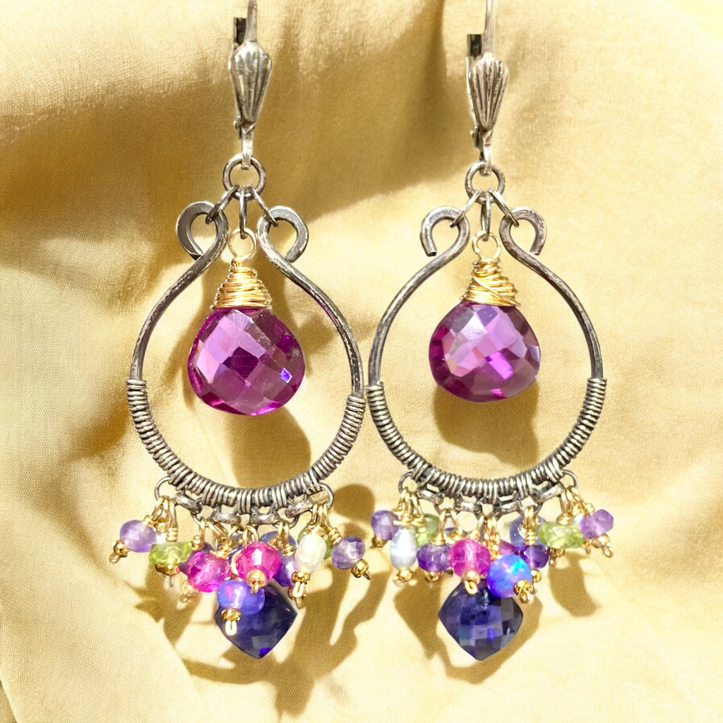 Blue Violet Gemstones Oxidized Silver Hoop Chandelier Earrings