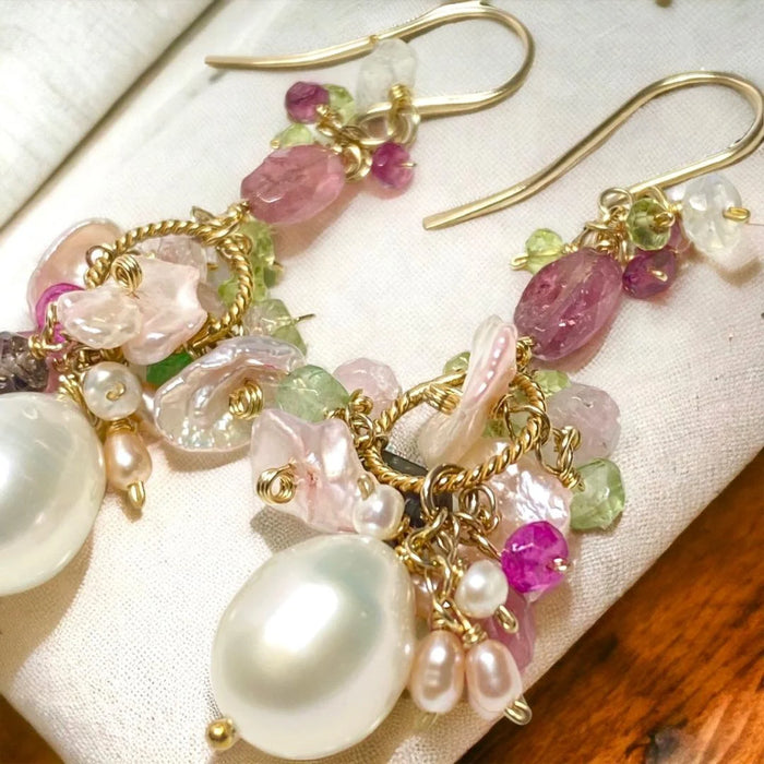 RESERVED for SANDRA H - Pearl Cluster Cluster Earrings, Pink Green Tourmaline