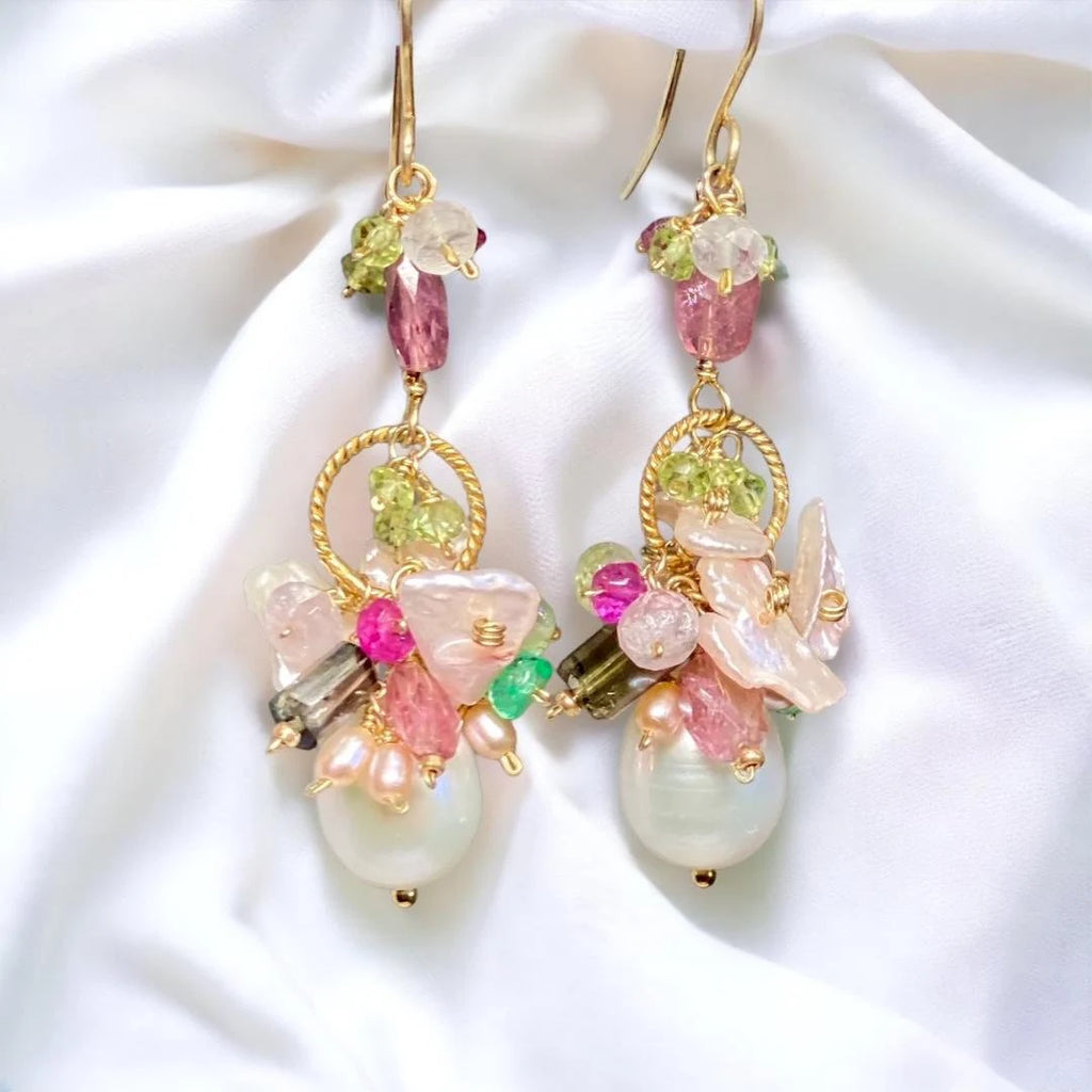 Pearl Cluster Cluster Earrings, Pink Green Tourmaline