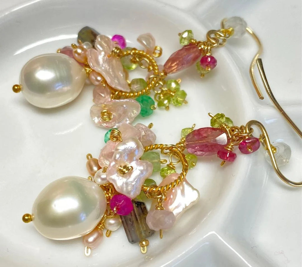 Pearl Cluster Cluster Earrings, Pink Green Tourmaline