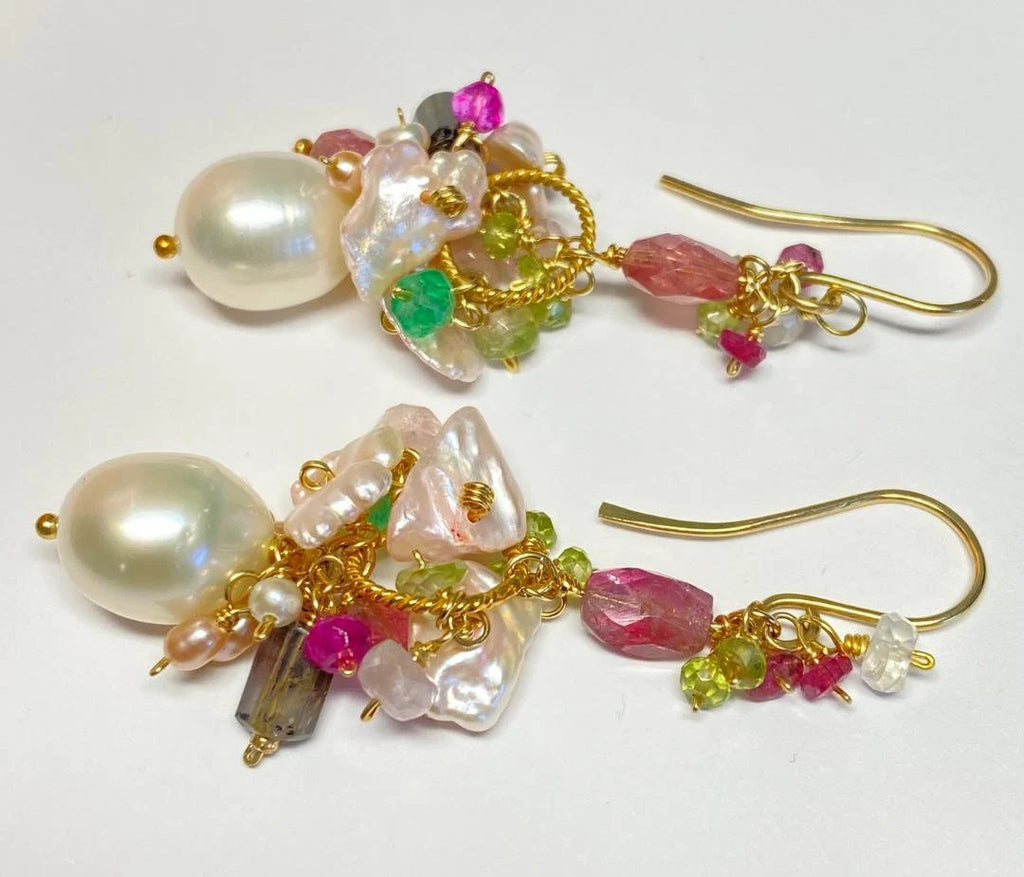 Pearl Cluster Cluster Earrings, Pink Green Tourmaline