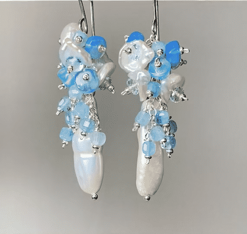 Blue Ethiopian Opal, Keishi Pearl and Gem Dangle Earrings Sterling Silver
