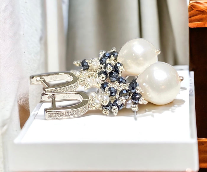 White Pearl Black Spinel Cluster Earrings Sterling Silver