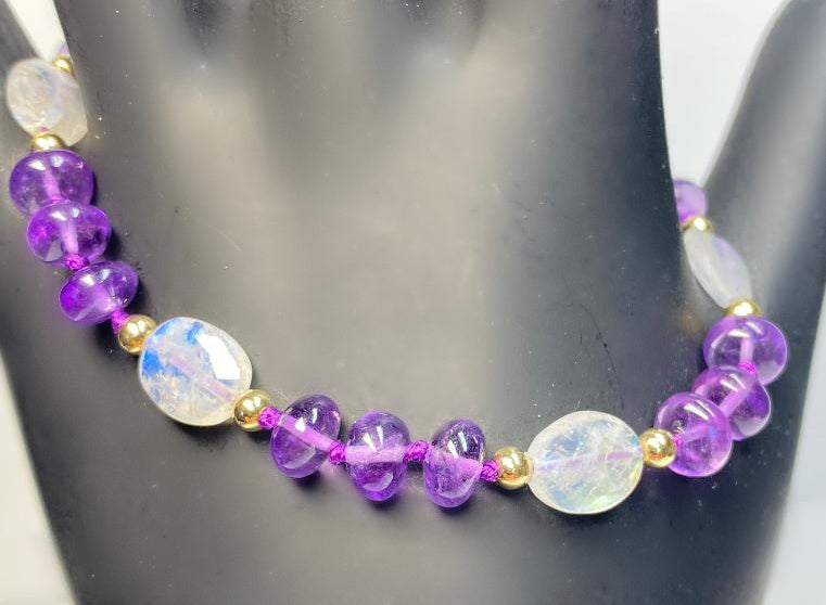 Amethyst and Rainbow Moonstone Silk Knot Bracelet Gold Fill