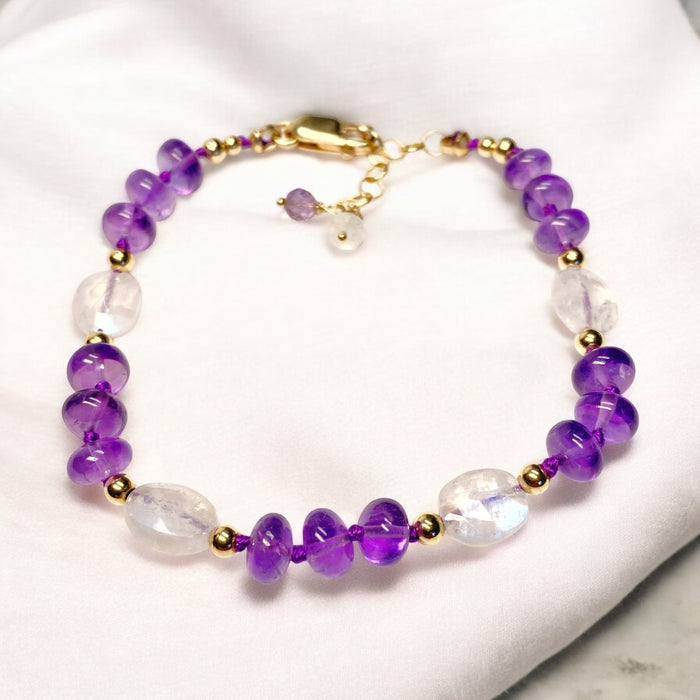 Amethyst and Rainbow Moonstone Silk Knot Bracelet Gold Fill