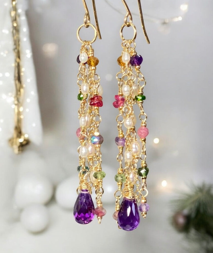 Amethyst and Multi Gemstone Dangle Earrings Tassel Style Gold Fill, Sterling Silver