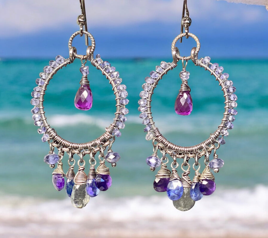 Blue Violet Sterling Silver Hoop Chandelier Earrings Iolite, Kyanite, Amethyst, Labradorite