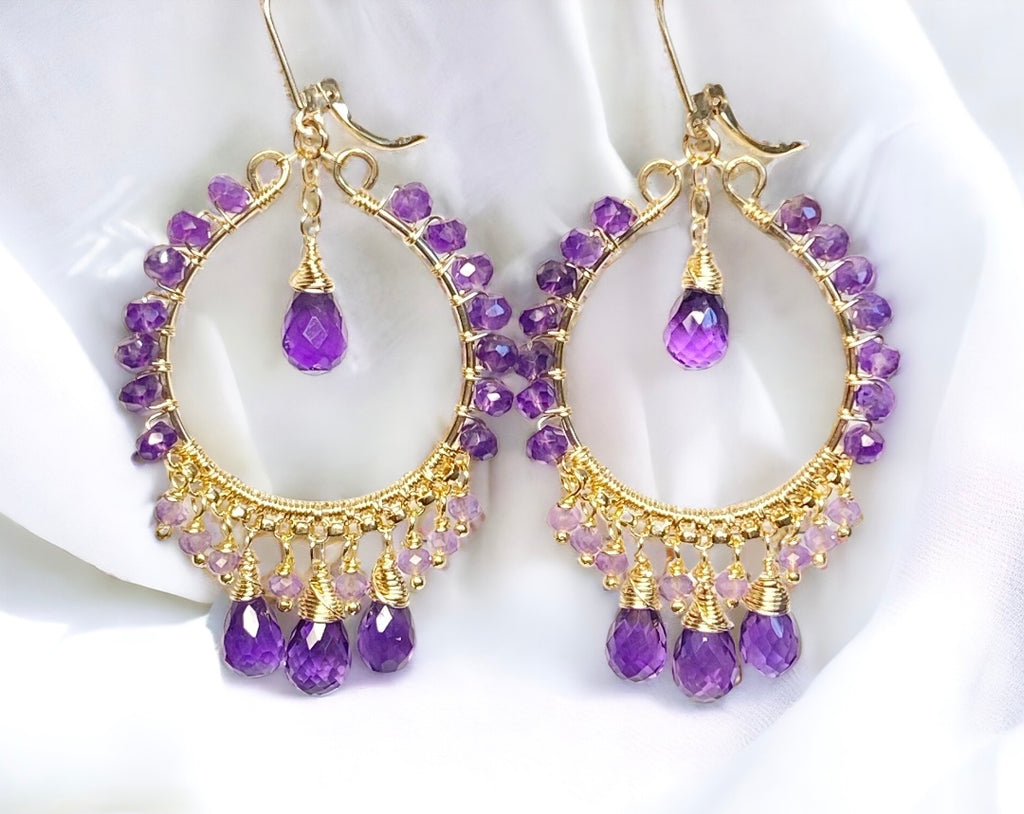 Amethyst Gold Fill Hoop Chandelier Earrings