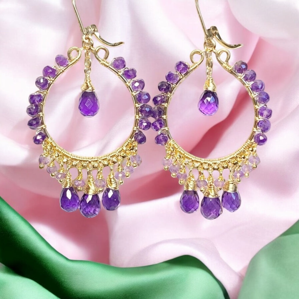 Amethyst Gold Fill Hoop Chandelier Earrings