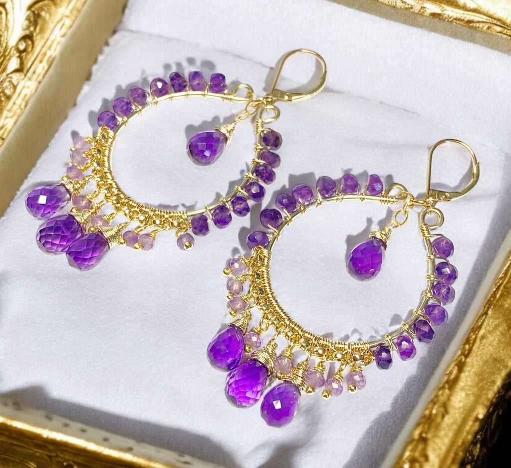 Amethyst Gold Fill Hoop Chandelier Earrings