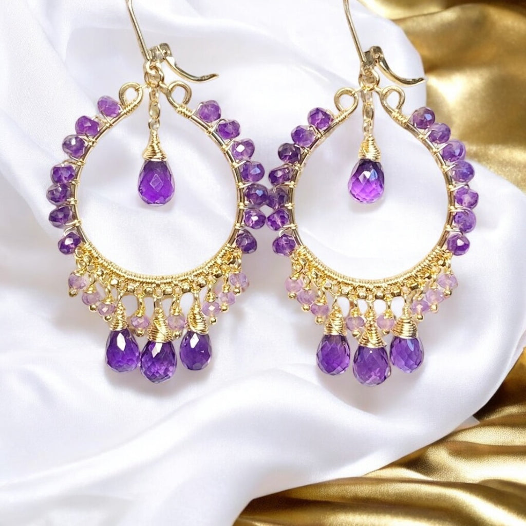 Amethyst Gold Fill Hoop Chandelier Earrings